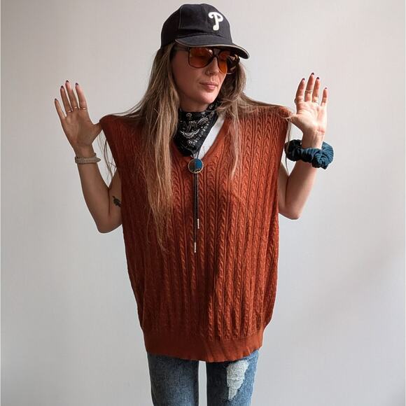 Vintage Silk Cable Knit Sweater Vest Rust Orange Grandpa Cottage Preppy Top XL - Picture 2 of 9